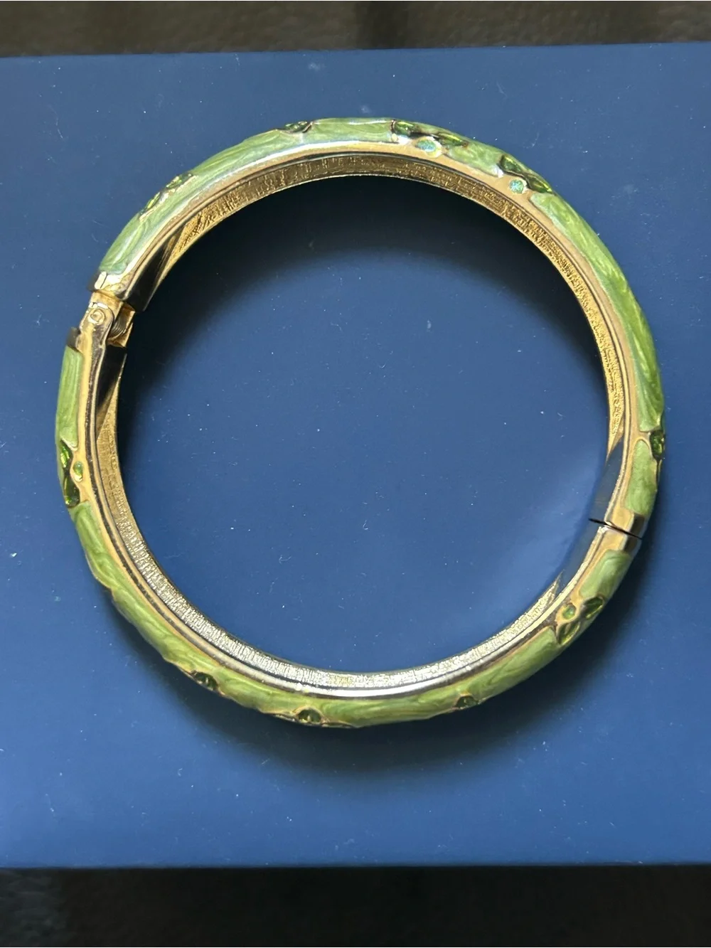 Vintage Green Enamel Gold-Tone Monogram Flower Hinged Bangle Bracelet